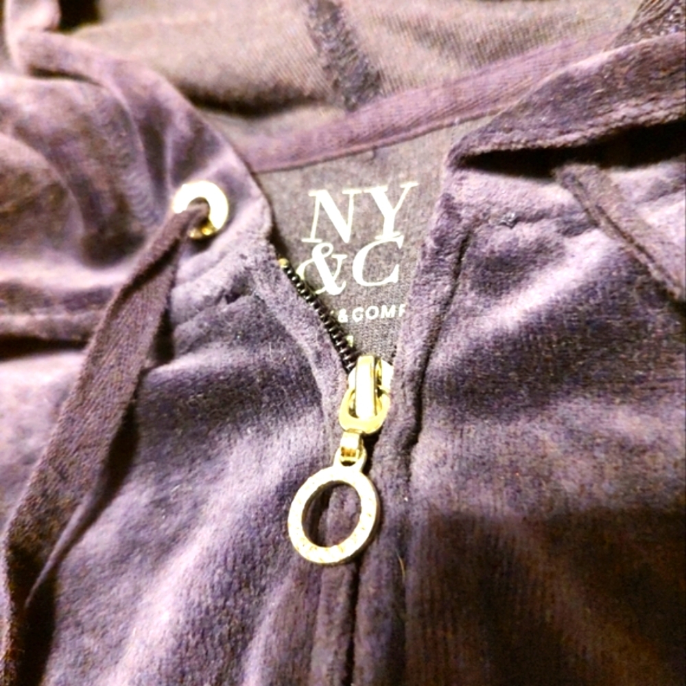 💜🍇💜 Awesome Cozy Rhinestone Deep Grape Purple Velvet Velour Hoodie Jacket - L - Picture 8 of 14